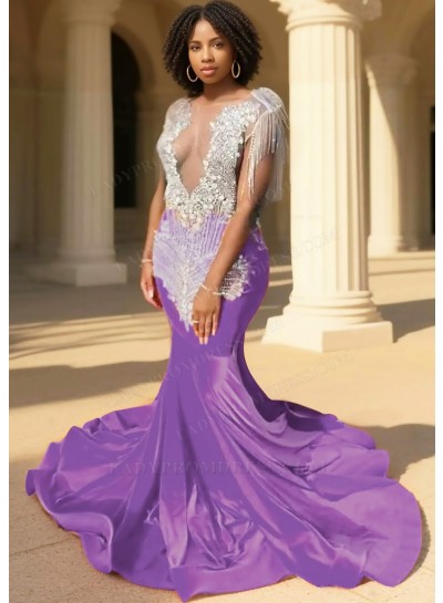 Lilac Sequins Bodice Mermaid Velvet Prom Dresses with Fringe Beaded
