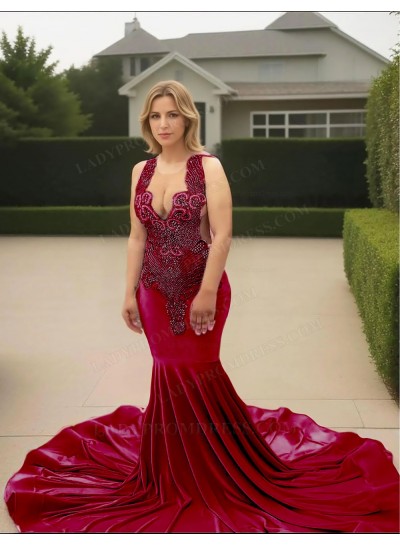 Burgundy V-neck Velvet Mermaid Prom Dresses with Beaded