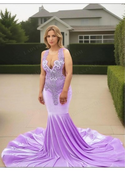 Lilac V-neck Velvet Mermaid Prom Dresses with Beaded
