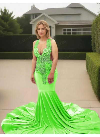 Lime Green V-neck Velvet Mermaid Prom Dresses with Beaded