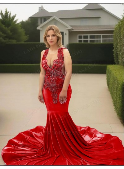Red V-neck Velvet Mermaid Prom Dresses with Beaded