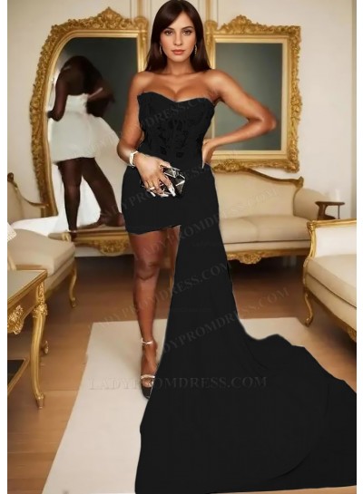 Black Satin Short Mini Part Dress Asymmetric Train Corset Homecoming Cocktail Dresses