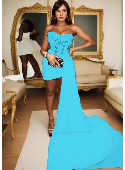 Blue Satin Short Mini Part Dress Asymmetric Train Corset Homecoming Cocktail Dresses