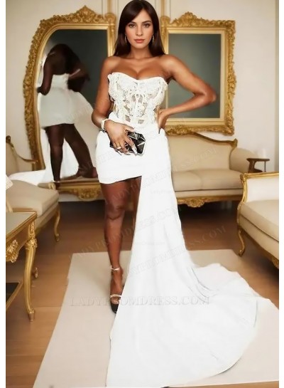 White Satin Short Mini Part Dress Asymmetric Train Corset Cocktail Dress