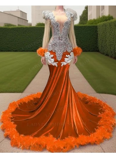 Orange Velvet Beaded Mermaid Prom Dresses with Feather Train