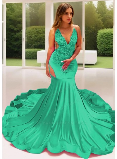 Emerald Satin Sheer Bustline Mermaid Prom Dresses with Beaded