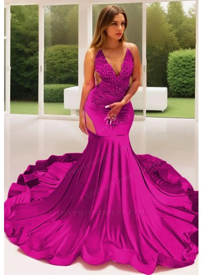 Fuchsia Satin Sheer Bustline Mermaid Prom Dresses with Beaded