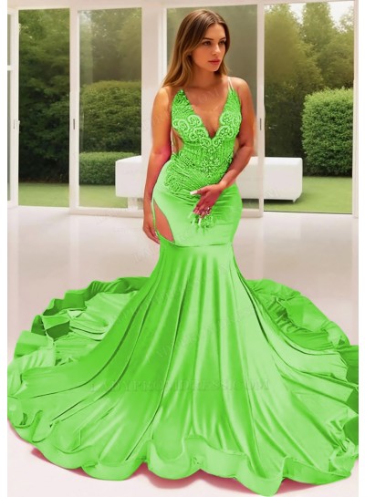 Lime Green Satin Sheer Bustline Mermaid Prom Dresses with Beaded