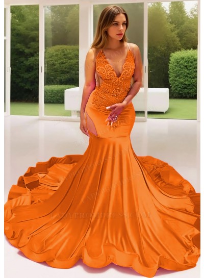 Orange Satin Sheer Bustline Mermaid Prom Dresses with Beaded