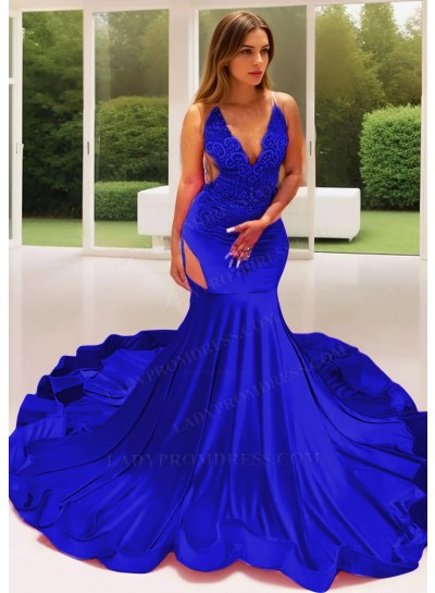 Royal Blue Satin Sheer Bustline Mermaid Prom Dresses with Beaded