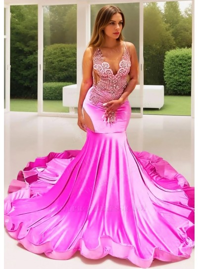 Hot Pink Satin Sheer Bustline Mermaid Prom Dresses with Beaded