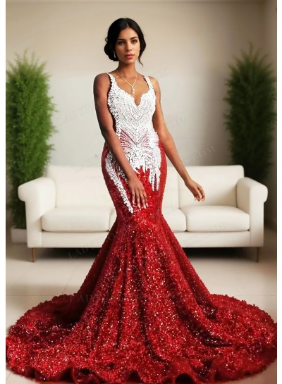 Red Sequins Mermaid Prom Dress White Beaded
