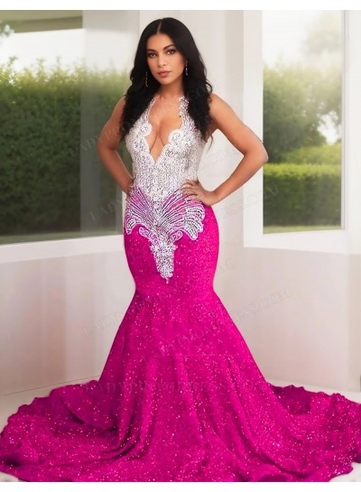 Fuchsia Sequins Mermaid Prom Dresses Silver Beaded