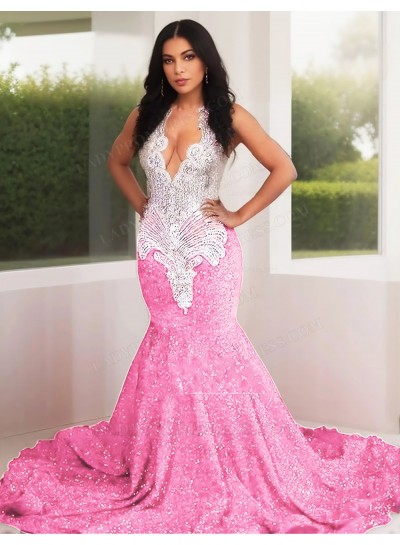 Pale Pink Sequins Mermaid Prom Dresses Silver Beaded
