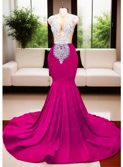 Fuchsia Deep V-neck Mermaid Prom Dresses with Beaded