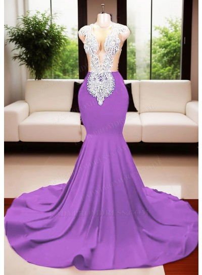 Lilac Deep V-neck Mermaid Prom Dresses with Beaded