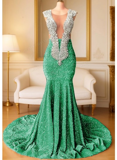 Emerald V-neck Sparkling Sequins Mermaid Prom Dress with Beaded