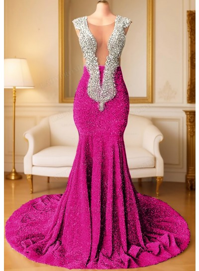 Fuchsia V-neck Sparkling Sequins Mermaid Prom Dress with Beaded