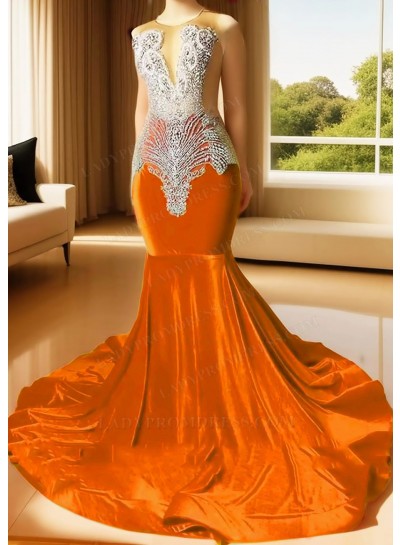 Orange Sleeveless Velvet Sheer Neck Mermaid Prom Dresses with Beaded