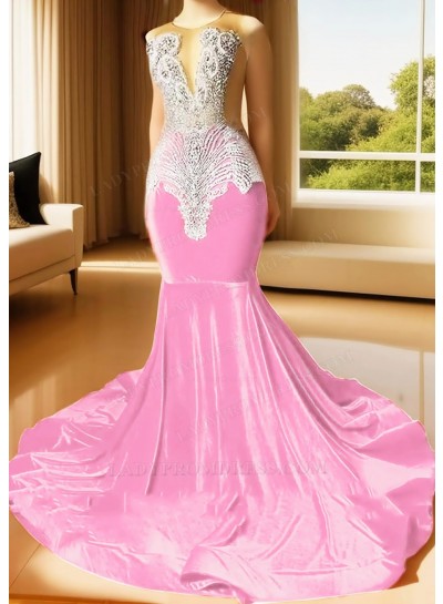Pale Pink Sleeveless Velvet Sheer Neck Mermaid Prom Dresses with Beaded