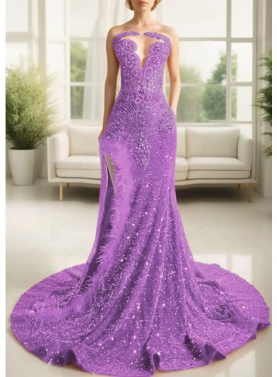 Lilac Glittering Strapless Sequins High Slit Prom Dresses with Feathers