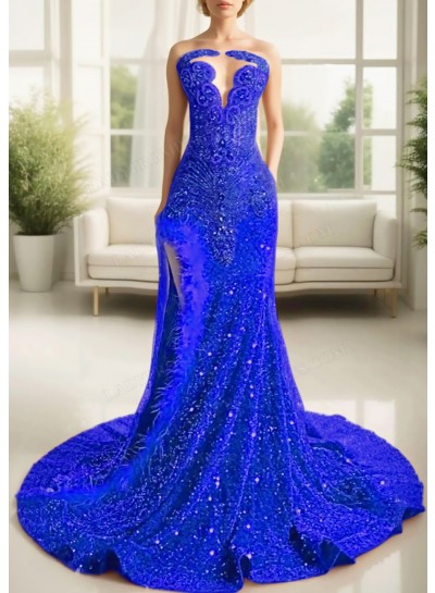 Royal Blue Glittering Strapless Sequins High Slit Prom Dresses with Feathers