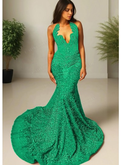 Emerald V-neck Sequins Sheer Tulle Prom Dresses with Beaded