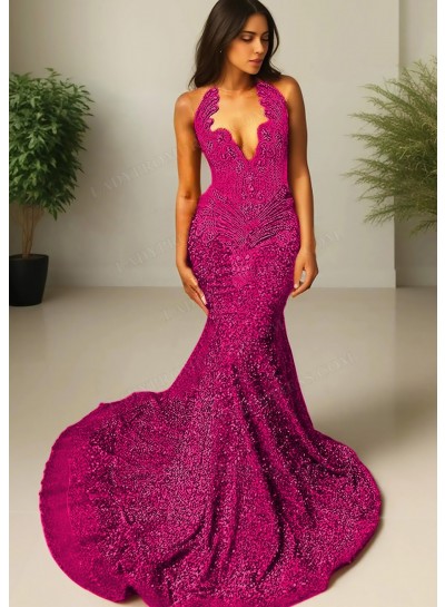 Fuchsia V-neck Sequins Sheer Tulle Prom Dresses with Beaded