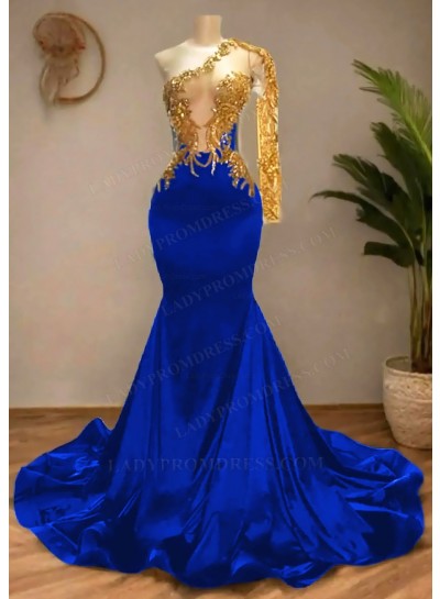Royal Blue Satin Asymmetric One Shoulde Prom Dresses with Golden Appliques