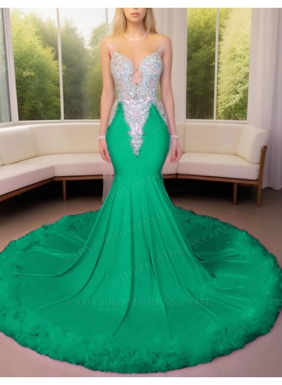 Emerald Satin Beaded Mermaid Prom Dresses with Feather Trim