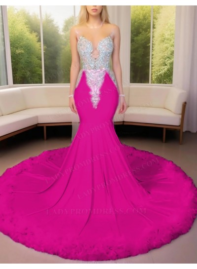 Fuchsia Satin Beaded Mermaid Prom Dresses with Feather Trim
