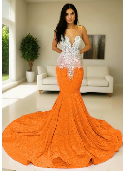 Orange Glitter Sheer Tulle Mermaid Prom Dresses with Beaded