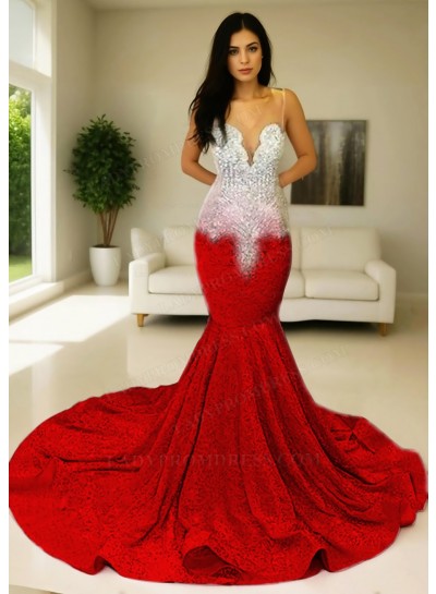 Red Glitter Sheer Tulle Mermaid Prom Dresses with Beaded