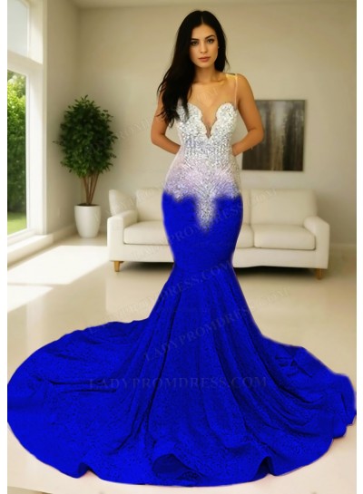 Royal Blue Glitter Sheer Tulle Mermaid Prom Dresses with Beaded