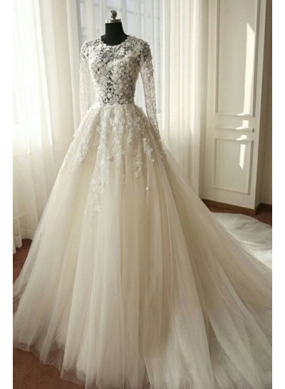 2025 Newest A Line Long Sleeves Tulle Wedding Dresses With Appliques