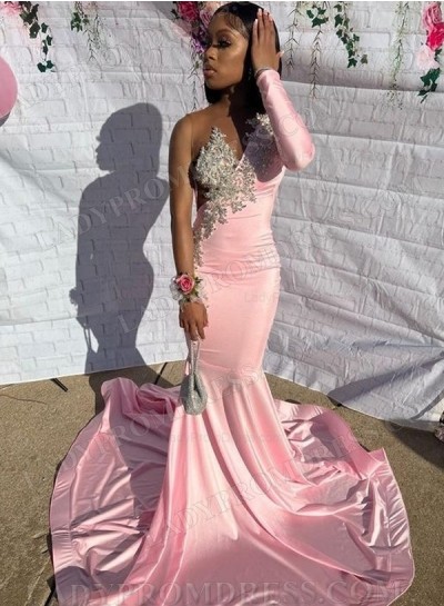 2025 One Sleeves Mermaid Satin Beaded Prom Dresses