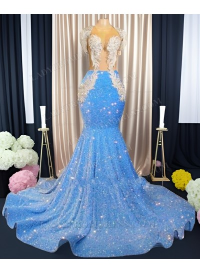 Blue Mermaid Sweetheart Beaded Sequins Long Prom Dresses 2025
