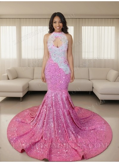 Pink Halter Sequins Long Mermaid Prom Dresses 2025