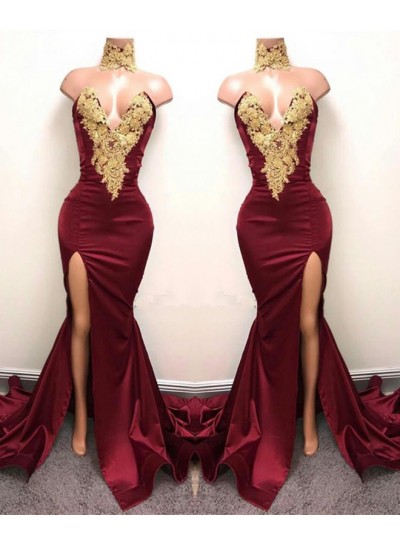 2025 Charming Burgundy V-neck Sexy Satin Prom Dresses