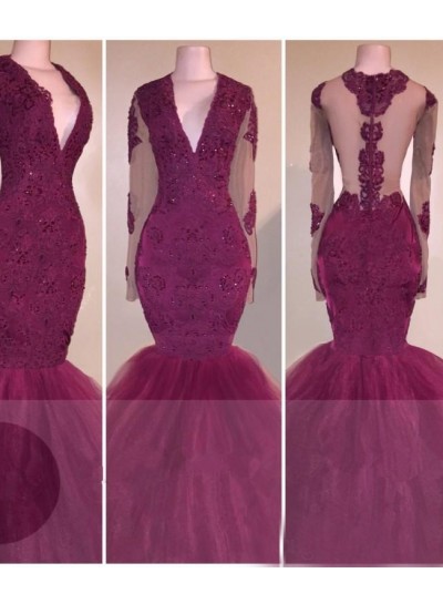 2025 Long Sleeves V-neck Appliques Burgundy Prom Dresses