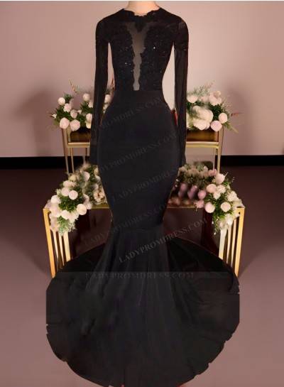 2025 Unique Black Long Sleeves Mermaid Backless Prom Dresses