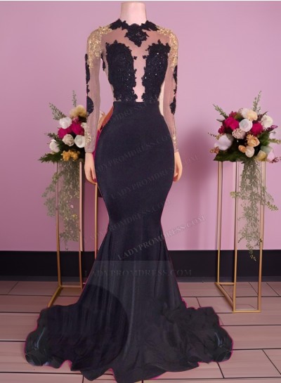 2025 Black Mermaid Backless Long Sleeves Prom Dresses