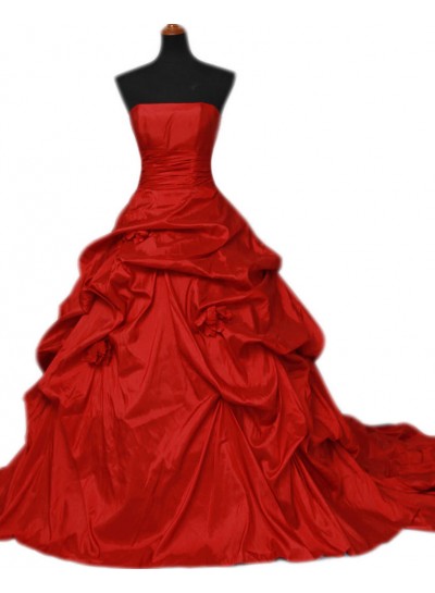Red Strapless Taffeta Ruffles Ball Gown 2025 Wedding Dresses