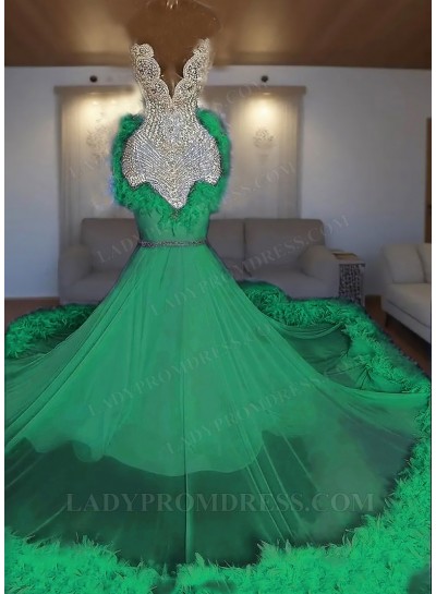 Emerald One Shoulder Tulle Beaded Mermaid Prom Dresses with Feathers