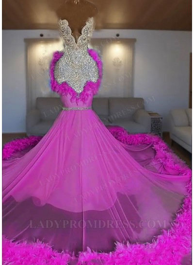 Fuchsia One Shoulder Tulle Beaded Mermaid Prom Dresses with Feathers