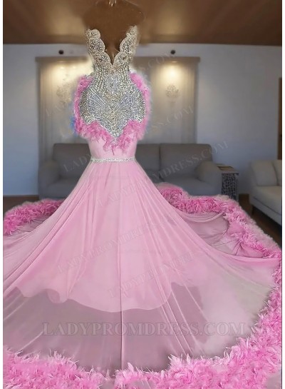Pale Pink One Shoulder Tulle Beaded Mermaid Prom Dresses with Feathers