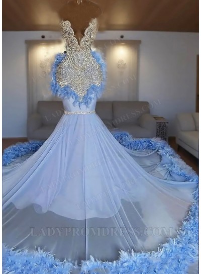Blue One Shoulder Tulle Beaded Mermaid Prom Dresses with Feathers