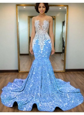 Blue Mermaid Sequins Prom Dresses with Beaded 2025