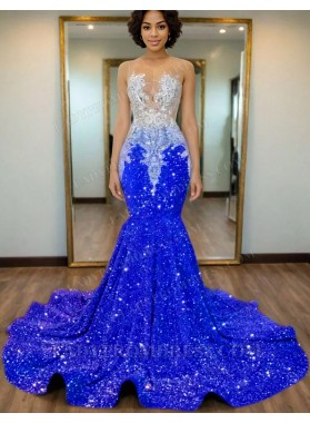 Royal Blue Mermaid Sequins Prom Dresses with Beaded 2025