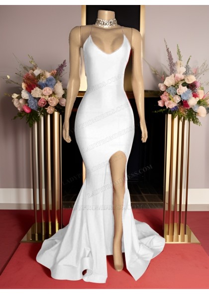 2025 Sheath Satin Spaghetti Straps Sleeveless Sweep Train Prom Dresses - Image 18